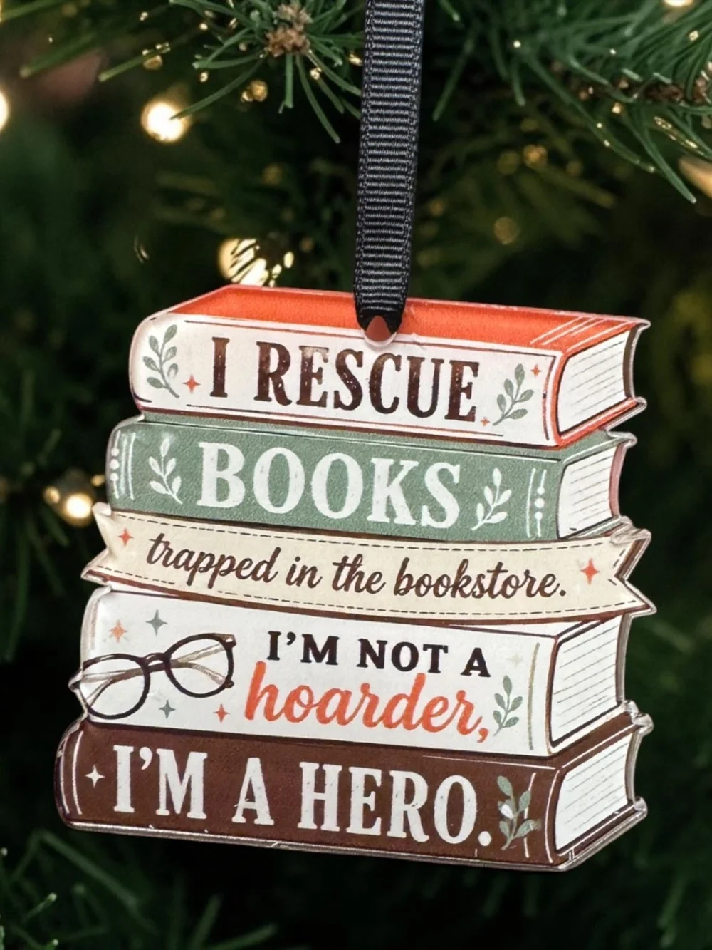 Book Lover Christmas Ornament Book Stack Bookish Reader Bibliophile Acrylic
